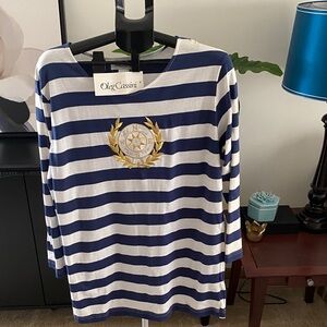Vintage Oleg Cassini Navy and White Striped Top with Gold Emblem